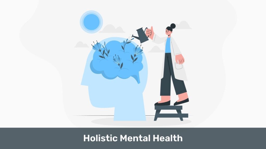 Woman who is mindful of holistic mental health waters large brain
