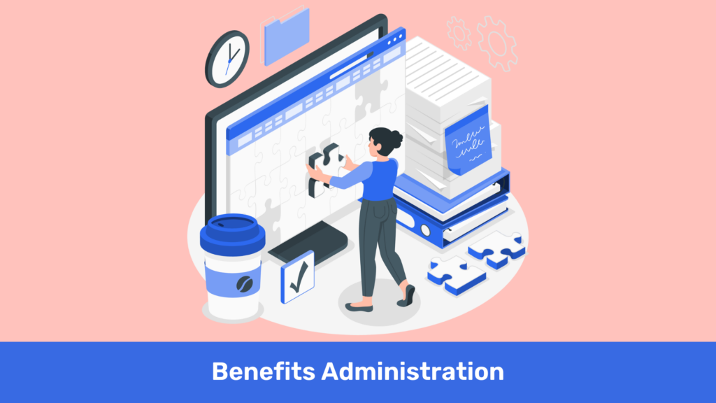 Person assembles puzzle on computer screen, surrounded by stacks. Text: ""Benefits Administration""