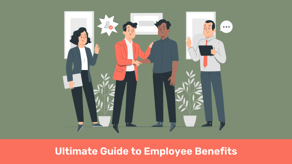 Four people discuss employee benefits in an office. "Ultimate Guide to Employee Benefits."