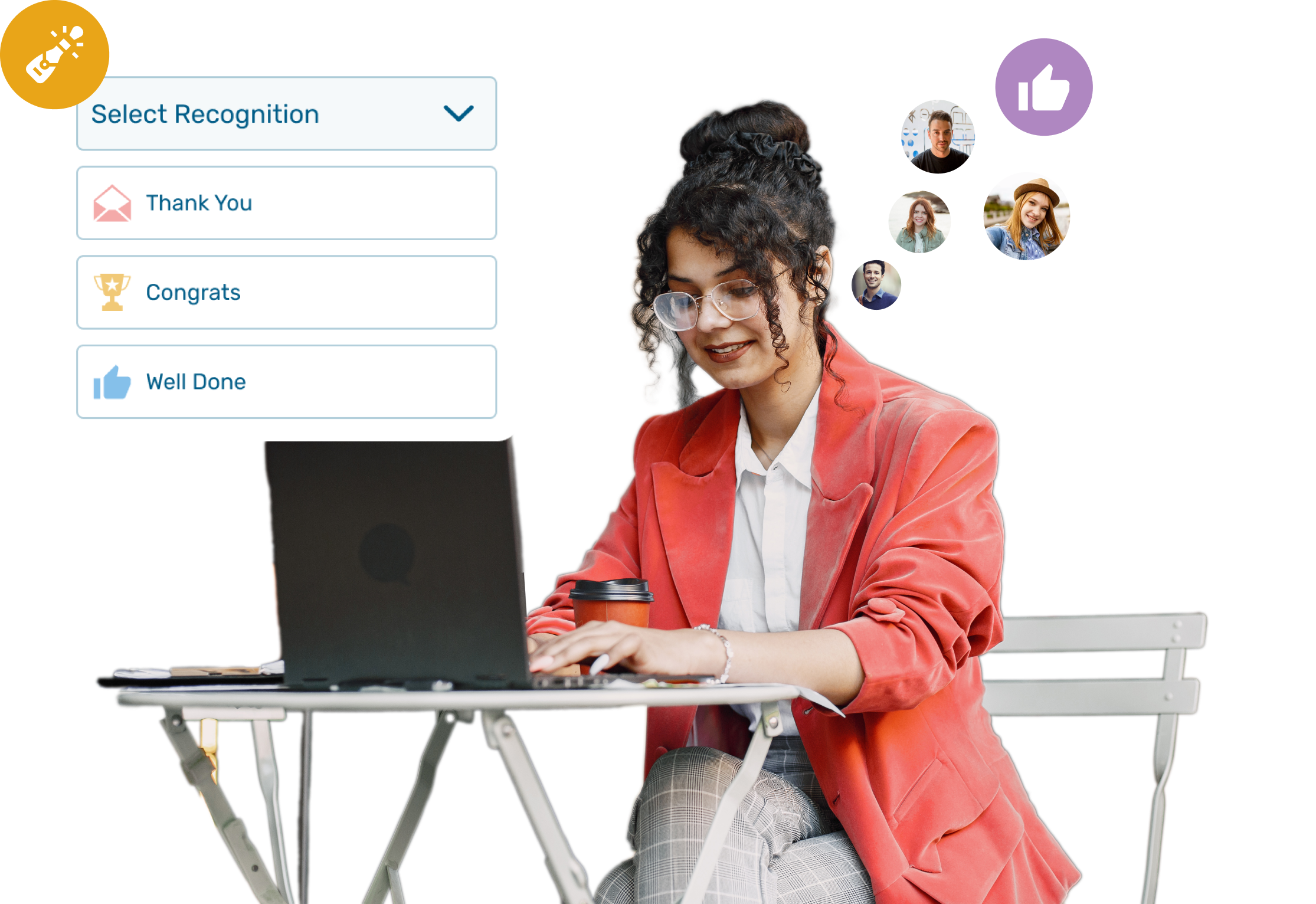 Person typing on laptop, selecting recognition in office setting.