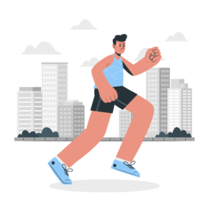Runner jogging past city buildings under cloudy sky.