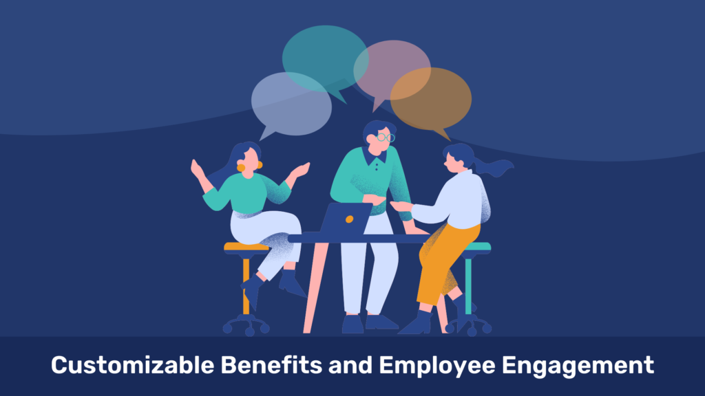 People discussing around table with speech bubbles, office setting. Text: Customizable Benefits and Employee Engagement