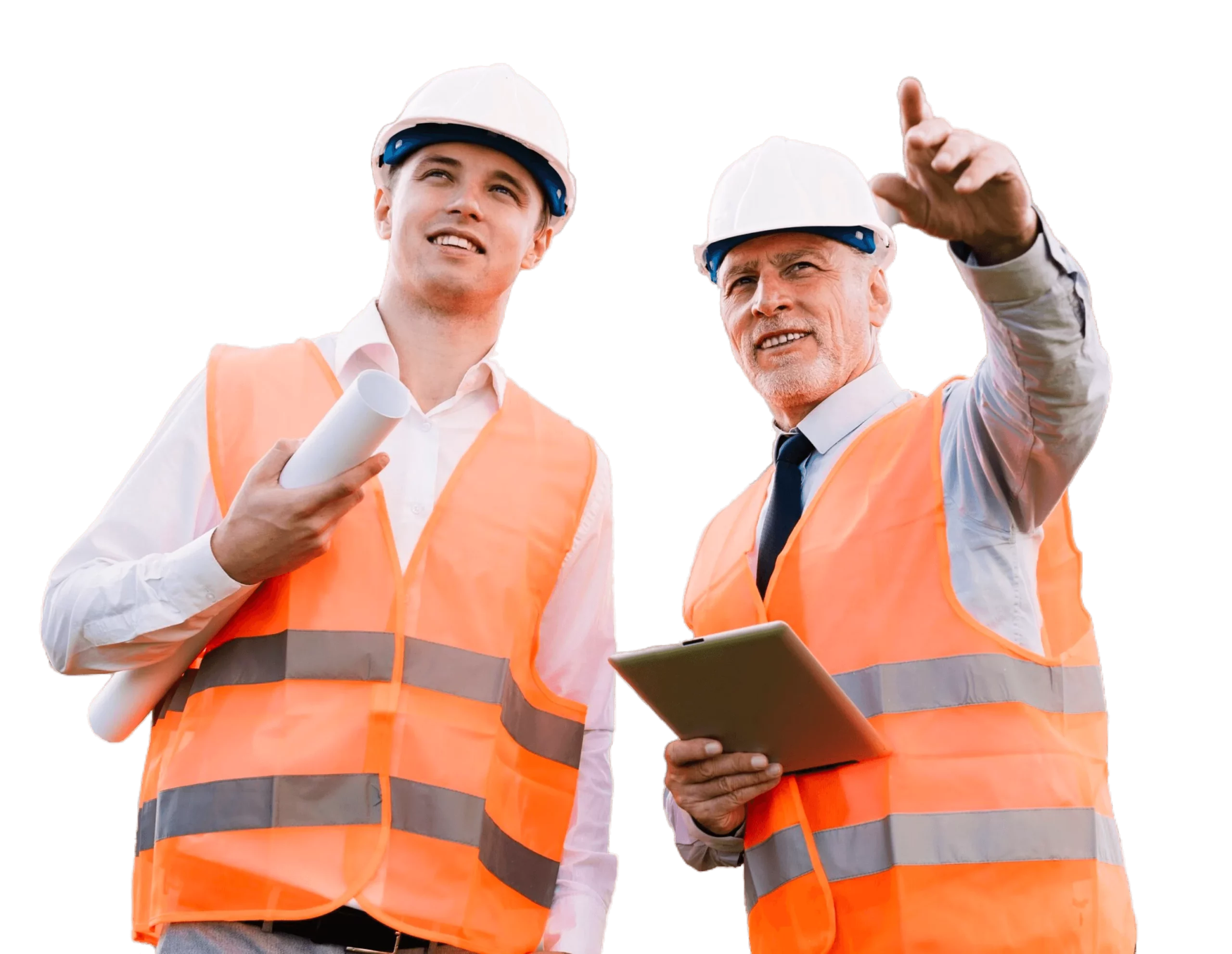 Two construction workers discuss plans, wearing helmets, outside.