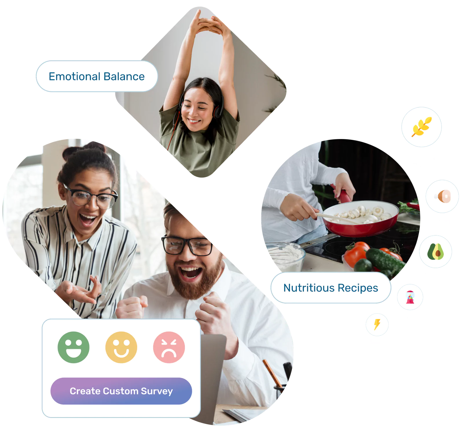 People cooking, stretching, and celebrating around health and survey icons. Text: "Emotional Balance," "Nutritious Recipes," "Create Custom Survey."