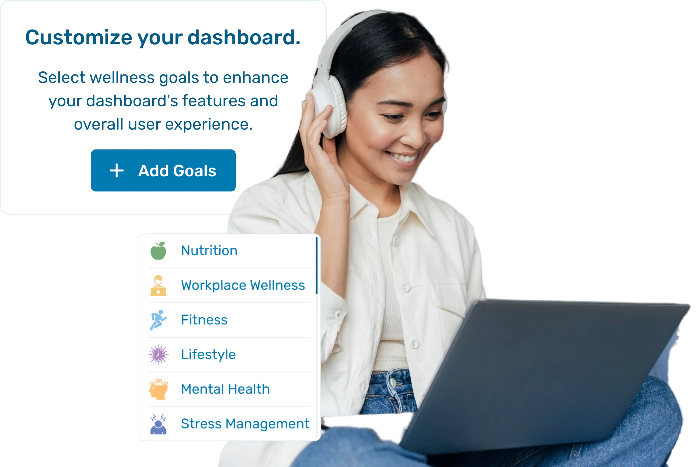 Dashboard customization: Nutrition, workplace wellness, fitness, lifestyle, mental health, stress management