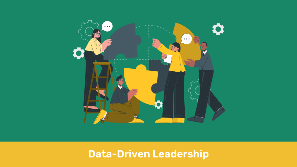 Puzzle pieces assembled by people, surrounded by gears. "Data-Driven Leadership."