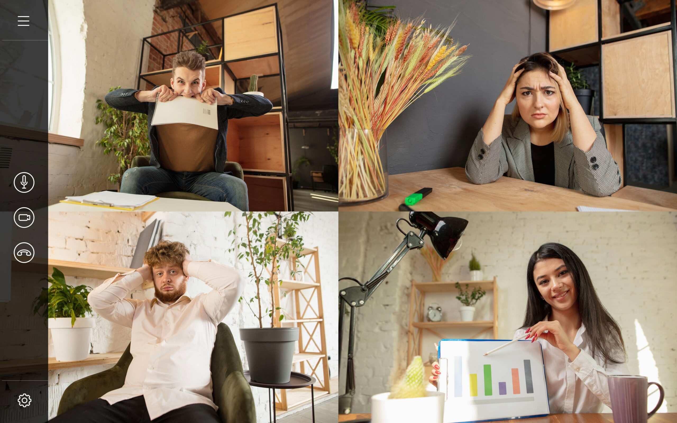 A collage of employees on a video call showing signs of stress and frustration at work, symbolizing the impact of workplace burnout and the need for effective stress management programs.