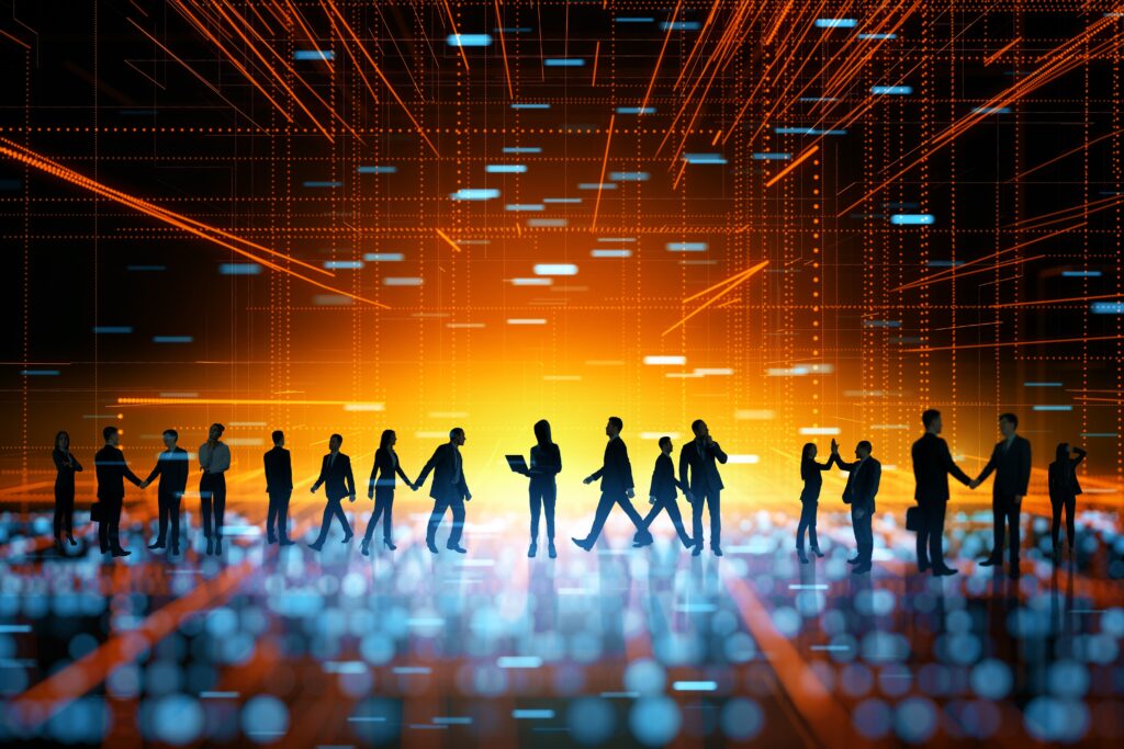 Silhouettes of professionals connected by digital data streams, representing real-time culture data and behavioral insights in the workplace