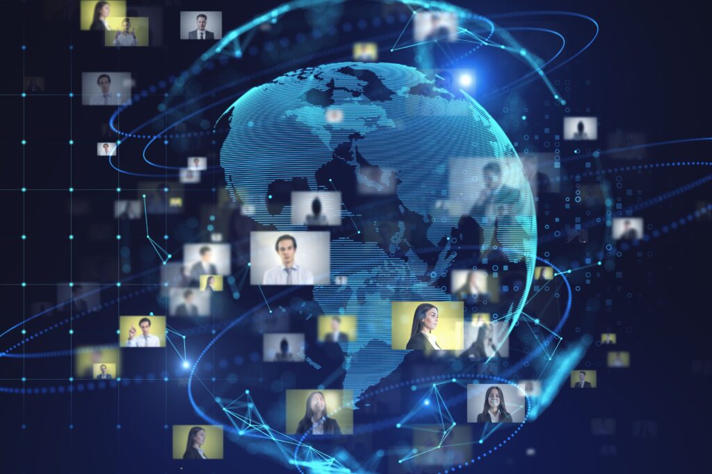 Digital globe with interconnected employee profile images, representing a global workforce and real-time HR insights across teams and locations.
