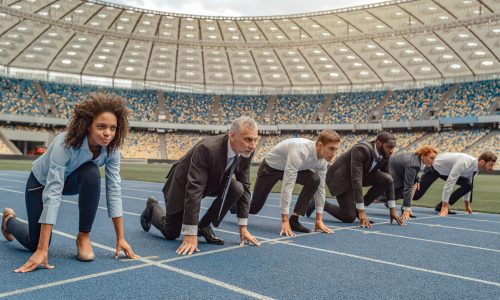 Business leaders lined up at a starting line, representing a Total Rewards strategy shifting from cost center to competitive advantage