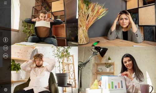 A collage of employees on a video call showing signs of stress and frustration at work, symbolizing the impact of workplace burnout and the need for effective stress management programs.